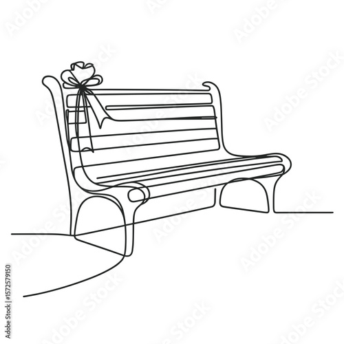 Simple line drawing of a memorial bench with decorative bow  