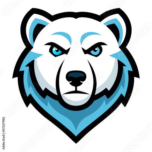 Fierce polar bear head mascot with blue eyes and light blue accents