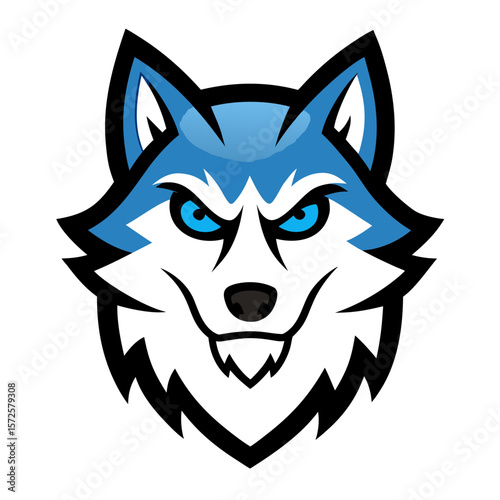 Aggressive blue eyed husky mascot head with fierce expression