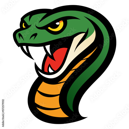 Fierce green cobra head with open mouth and fangs ready to strike