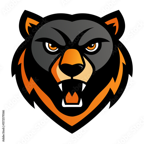 Fierce grizzly bear head mascot with open mouth and sharp teeth