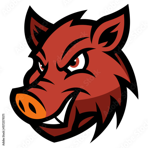 Aggressive red wild boar head mascot with fierce expression and sharp tusks