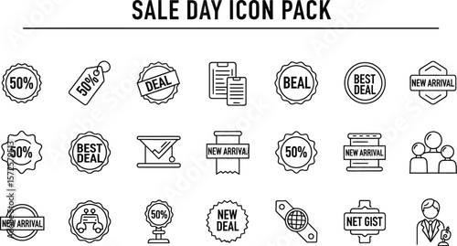 Collection of sale day icon pack with discount and new arrival symbols