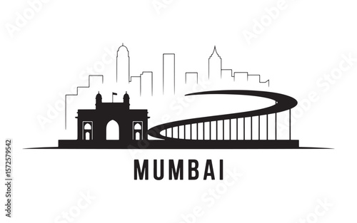 Mumbai Skyline Silhouette An Indian Metropolis Landscape Featuring Architectural Landmarks and Urban Infrastructure Black and White Modern Minimalist Style
