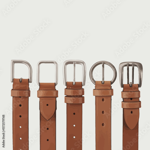  Five brown leather belts with different silver buckles arranged in a row
