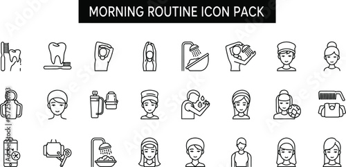 Morning routine icon pack featuring personal care and hygiene related activities