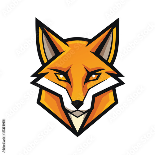 Orange fox with sharp features stares intensely forward in this artistic emblem illustration