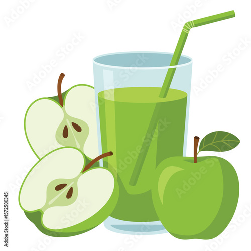  Fresh green apple juice in a glass with whole and halved apples