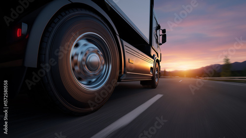 Low-angle close-up of a truck driving fast on a highway during sunset.
