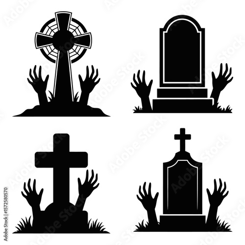 Spooky graveyard silhouette with hands reaching around headstones raising from the ground up