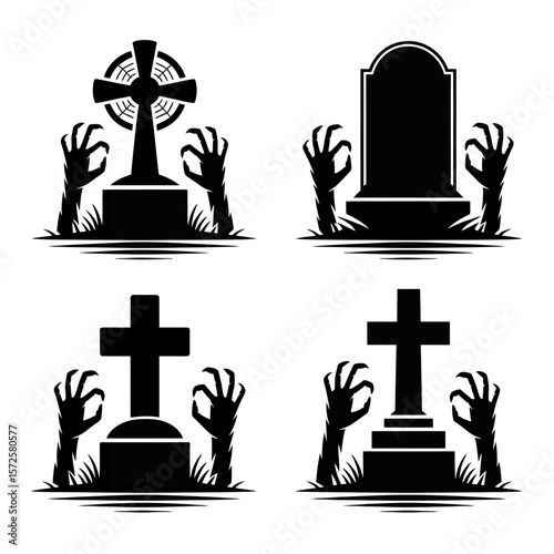 Spooky graveyard silhouette with hands reaching around headstones raising from the ground up