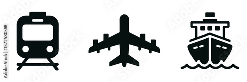 Transport icons collection featuring ship airplane and train for travel industry design projects