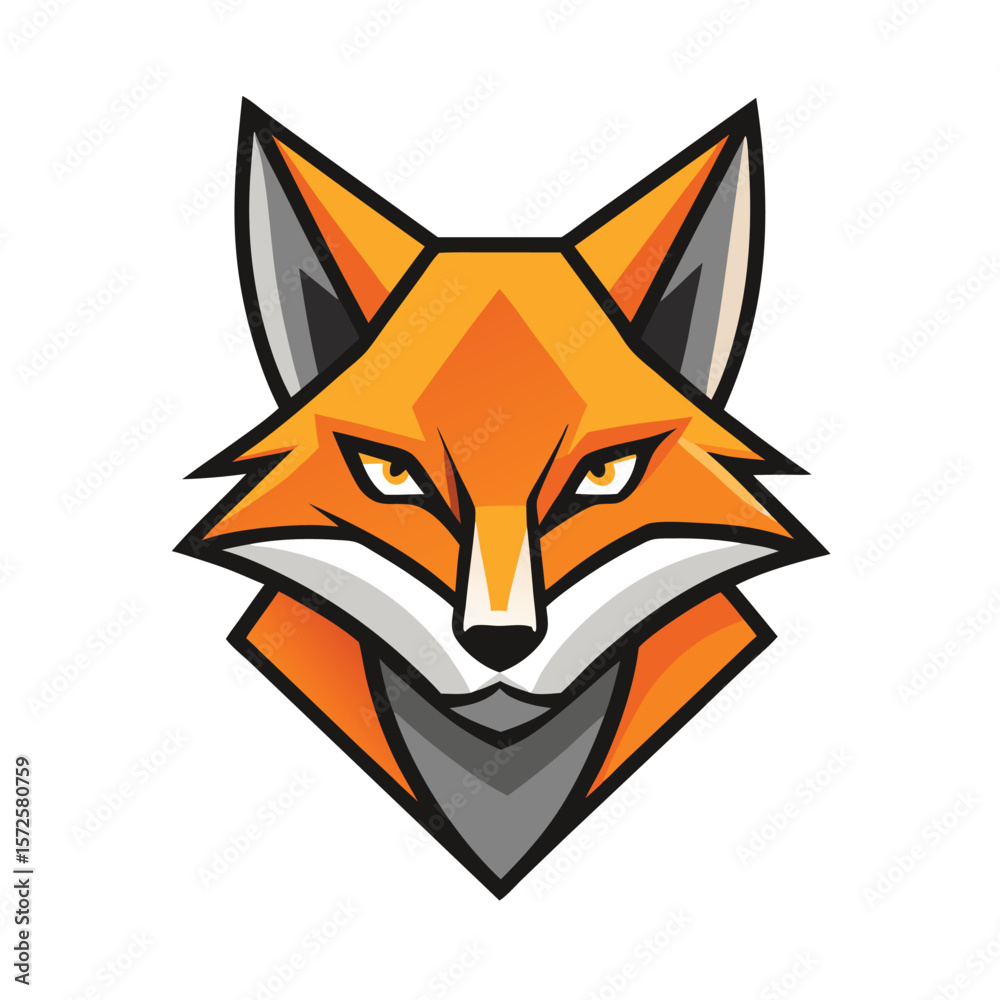 Obraz premium Stylized fox head with orange fur and captivating yellow eyes appears isolated on white