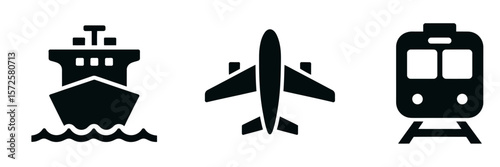 Transport icons collection featuring ship airplane and train for travel industry design projects
