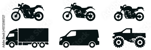 Collection of vehicle silhouettes featuring motorbikes trucks vans and monster trucks in black