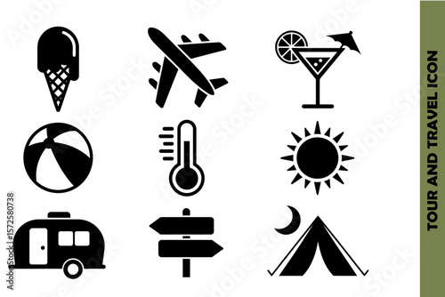 Travel and vacation icon set featuring summer elements camping sun beach holiday symbols vector