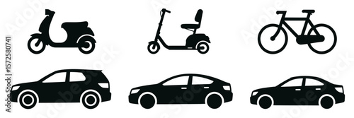 Collection of vehicle silhouettes featuring motorbikes trucks vans and monster trucks in black