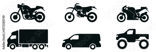 Collection of vehicle silhouettes featuring motorbikes trucks vans and monster trucks in black