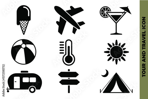 Travel and vacation icon set featuring summer elements camping sun beach holiday symbols vector