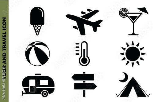Travel icons include luggage, compass, sunglasses, camera, picnic and beach essentials - vector