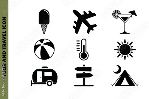 Travel and vacation icon set featuring summer elements camping sun beach holiday symbols vector