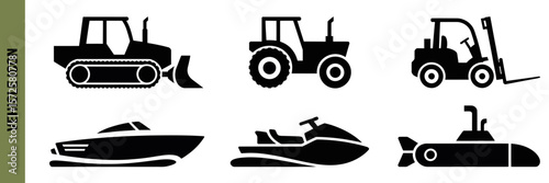 Silhouette icons of five different vehicles including land and water transport options collection