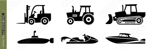 Silhouette icons of  different vehicles including land and water transport options collection