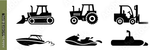 Silhouette icons of  different vehicles including land and water transport options collection