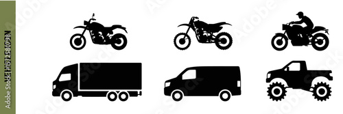 Collection of vehicle silhouettes featuring motorbikes trucks vans and monster trucks in black