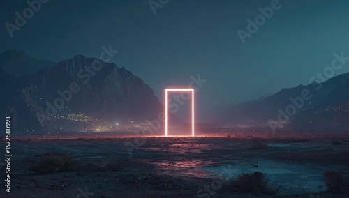 Neon portal in desolate, mountain landscape at night
