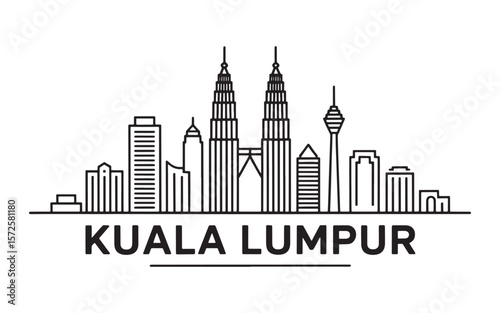 Kuala Lumpur Skyline Illustration A Modern and Minimalist Design Showcasing the City's Iconic Architecture and Urban Landscape in Black and White