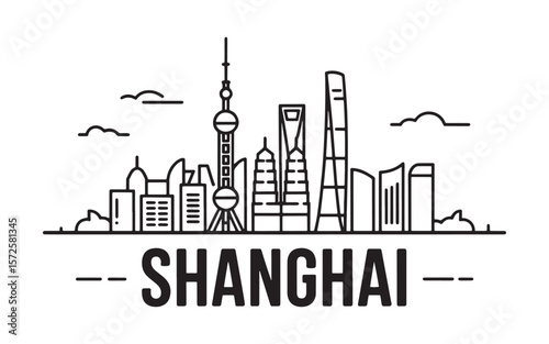 Minimalist Shanghai Skyline Illustration A Modern Black and White Depiction of Urban Architecture and Cityscape with "SHANGHAI" Text