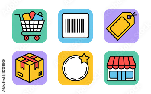 Six Vibrant Flat Icons Set Shopping Cart Bar Code Price Tag Package Box Loyalty Program Store Front Colorful App Design Elements Isolate on White Transparent PNG Backgrounds Cutout 2025