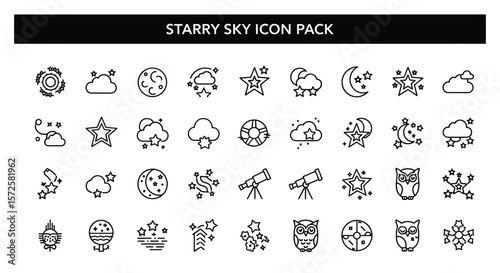 Starry sky icon pack featuring celestial elements and night themed symbols