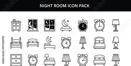 Night room icon pack featuring beds lamps clocks and nightstands in outline