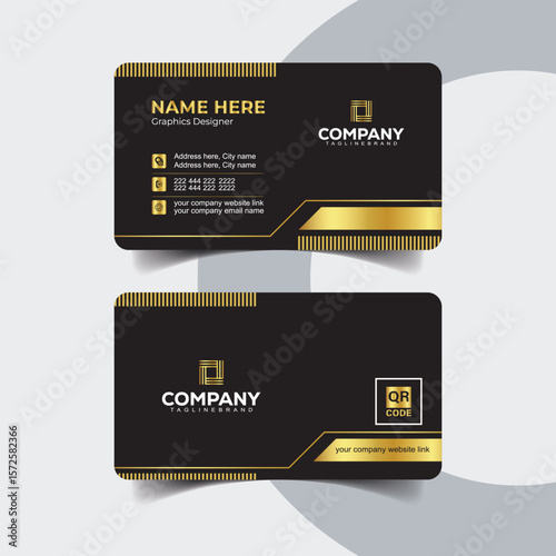 Elegant Black and Gold Business Card Template with Stripe Accents for Corporate Professionals. Classic professional business card in timeless black and elegant gold theme.