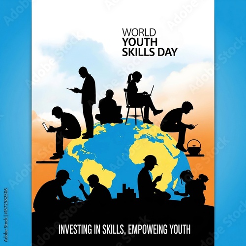 World Youth Skills Day, 15 July. World Youth Skills Day text with Young peoples silhouette background 