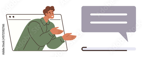 Smiling person emerging from a browser window gesturing toward a large chat bubble. Ideal for communication, online connection, customer support, virtual meeting, feedback, social interaction, simple