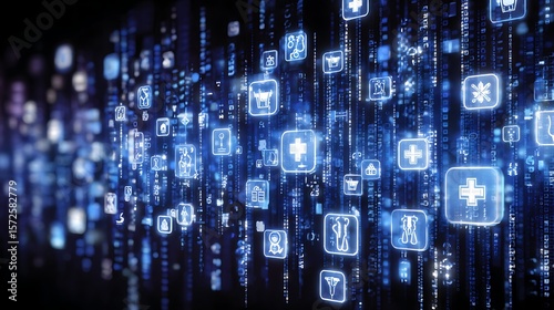 Blue digital health icons rain down in a technological cascade of medical information and advanced data technology