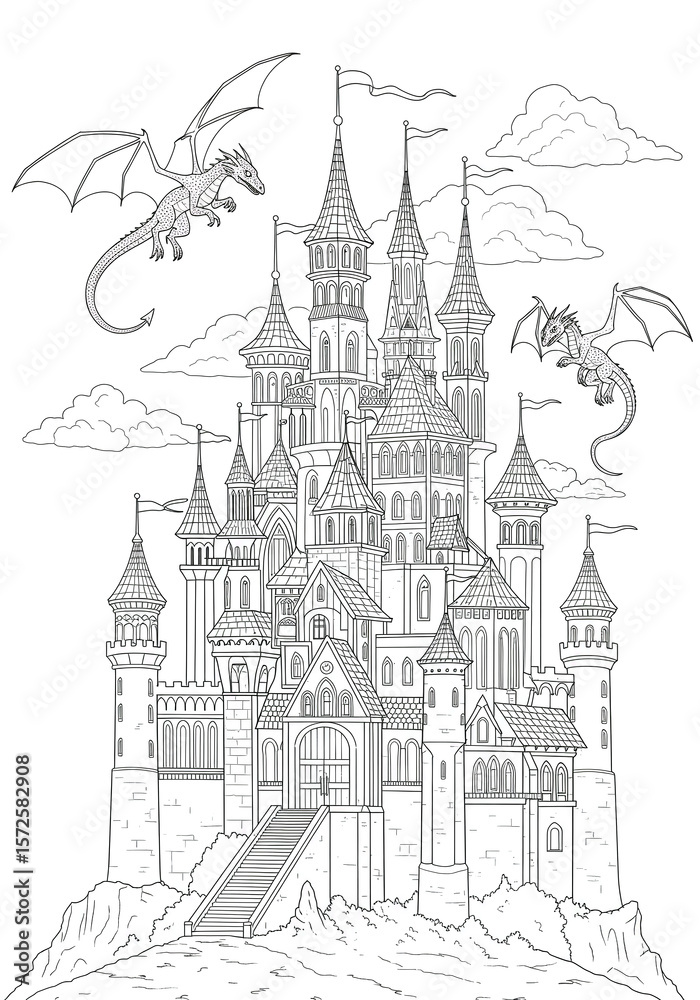 Obraz premium detailed medieval castle surrounded by flying dragons in fantasy landscape coloring page