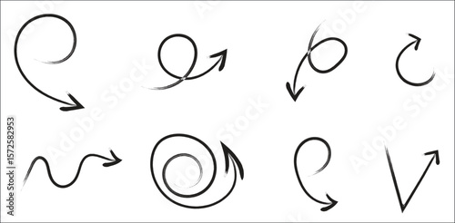 Set of dynamic hand-drawn arrows. Fluid and expressive doodle-style swirl, loop, and curved pointers for indicating motion and flow.

