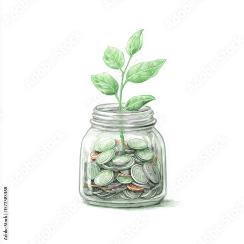 Jar of Silver Coins With Bright Green Leaves
