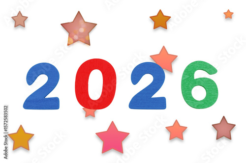 testo data anno 2026 con sagoma di lettere realizzate in legno colorato e stelle  isolate su sfondo bianco o trasparente