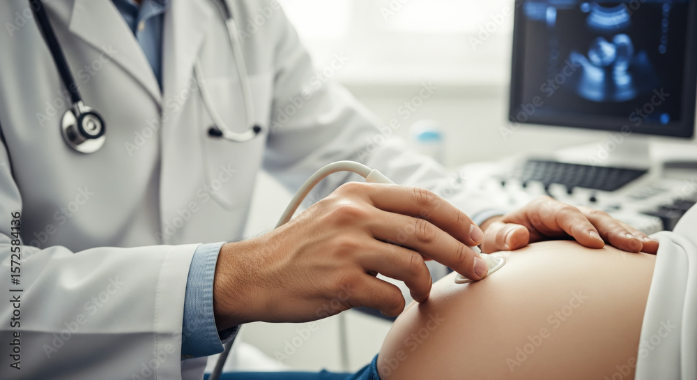 Fototapeta premium A doctor performing an ultrasound for a pregnant woman. The concept of prenatal care, maternal health, and medical monitoring during pregnancy. Generative AI.