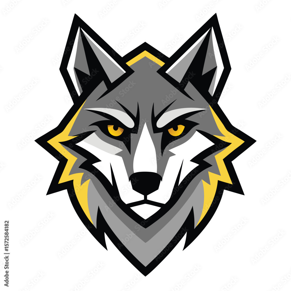 Fototapeta premium Stylized wolf head with piercing yellow eyes portrays a fierce yet captivating mascot design