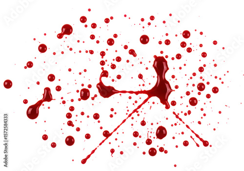 Deep crimson viscous liquid, organic blood splatters and individual drops with glossy wet sheen, varying sizes, frozen in dynamic motion on an immaculate transparent studio background with copy space,