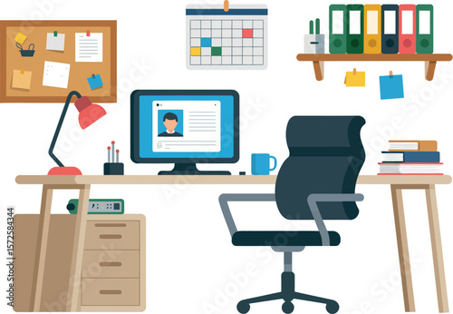 Illustration of a tidy workspace with a desk, computer, chair, and various office supplies neatly arranged


