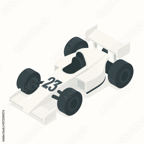Isometric Vector Icon of White Formula 1 Car with Number
