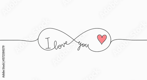 Elegant line drawing of an infinity symbol with the phrase I love you and a delicate pink heart.