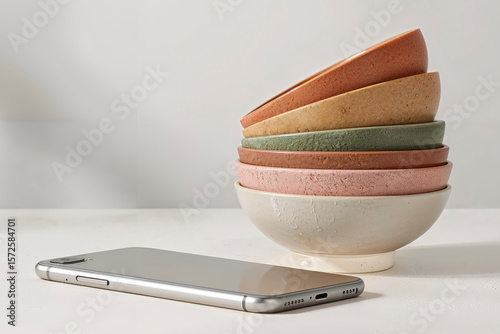 still life composed of some ceramic bowls with a warm and muted color palette stacked on a white table near a modern cell phone